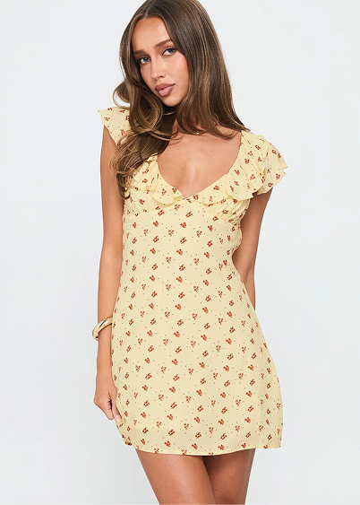 Just Me And You Frill Mini Dress Yellow Floral