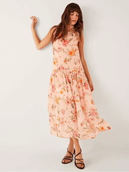 Cassia Floral Print Midi Dress Nude
